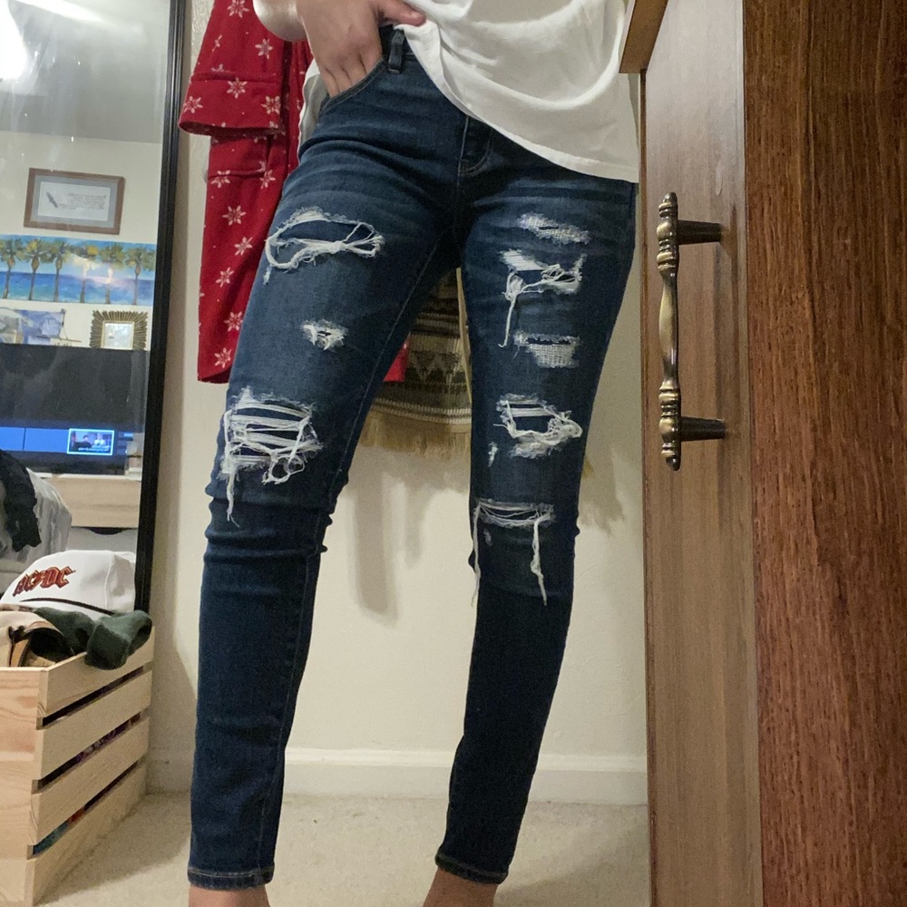 Mid Rise Dark Wash Distressed Jeans